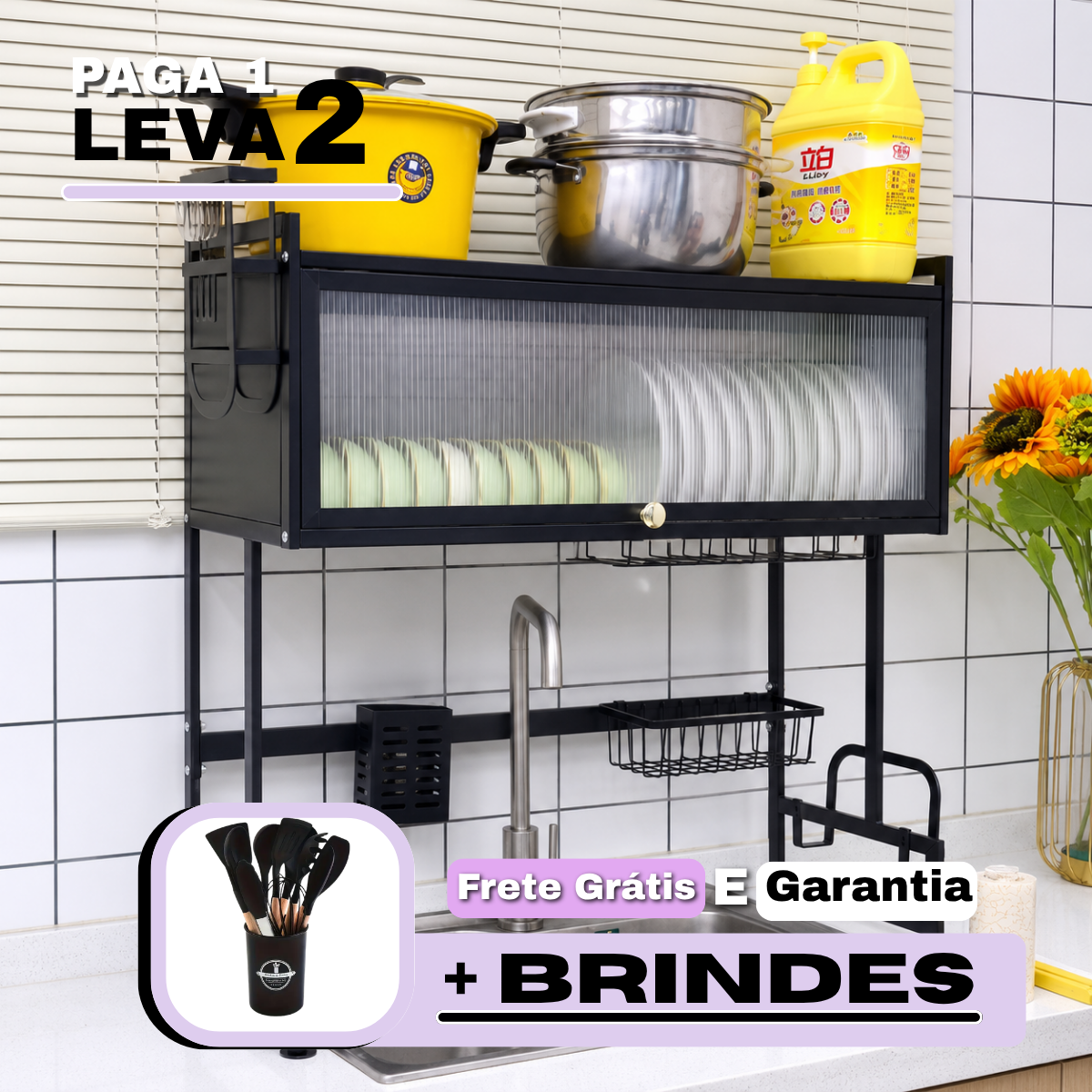 Escorredor de Pratos em Aço Inox + BRINDE Kit Utensílios de Cozinha