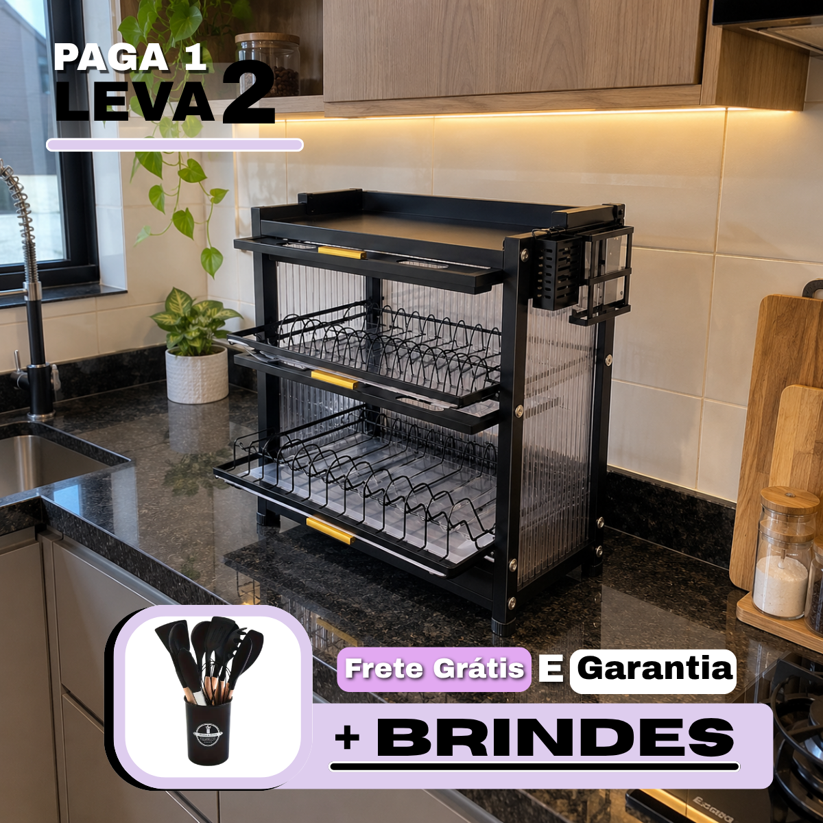 Escorredor de Pratos Inteligente de 3 Níveis em, Aço Inox + BRINDE Kit Utensílios de Cozinha