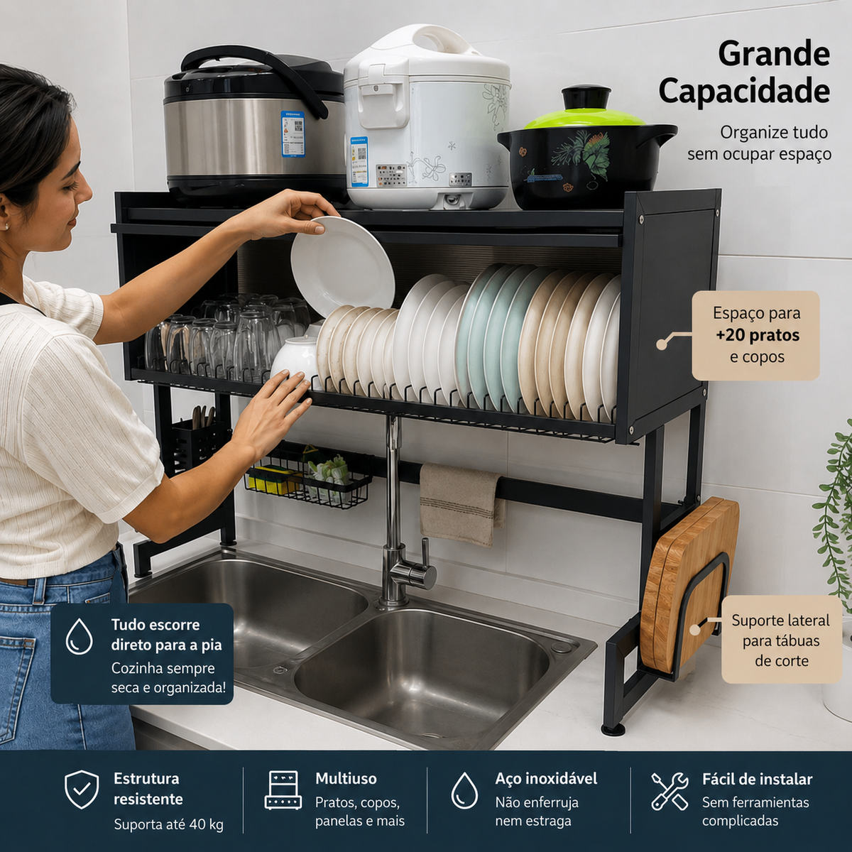 Escorredor de Pratos em Aço Inox + BRINDE Kit Utensílios de Cozinha