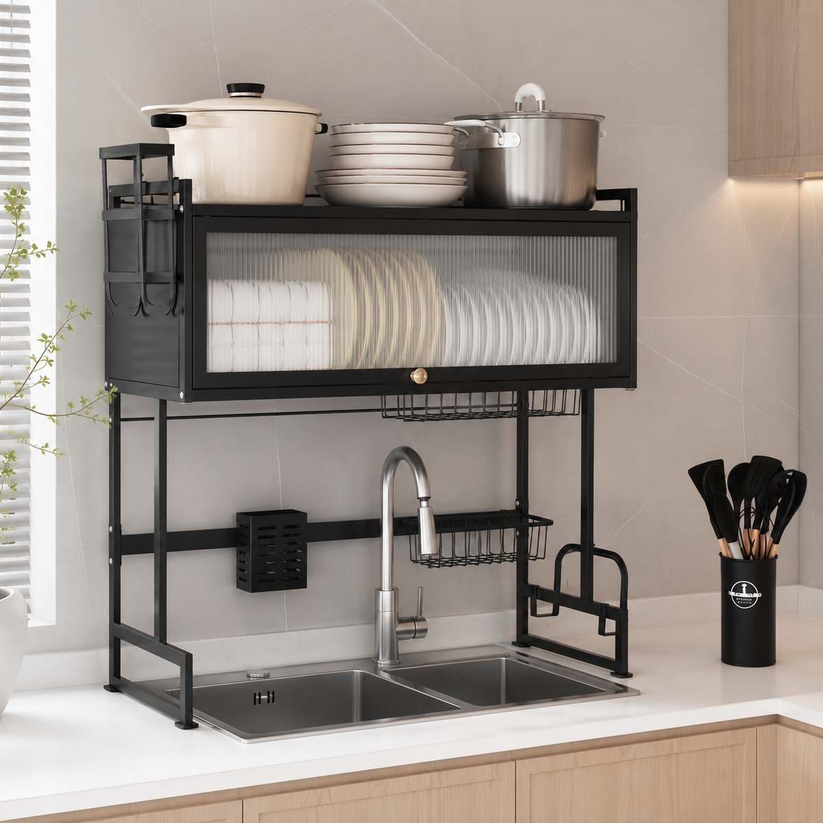 Escorredor de Pratos em Aço Inox + BRINDE Kit Utensílios de Cozinha