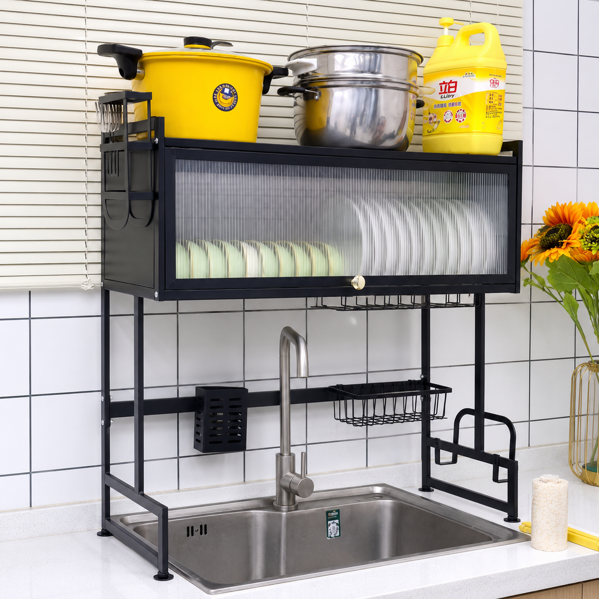 Escorredor de Pratos em Aço Inox + BRINDE Kit Utensílios de Cozinha