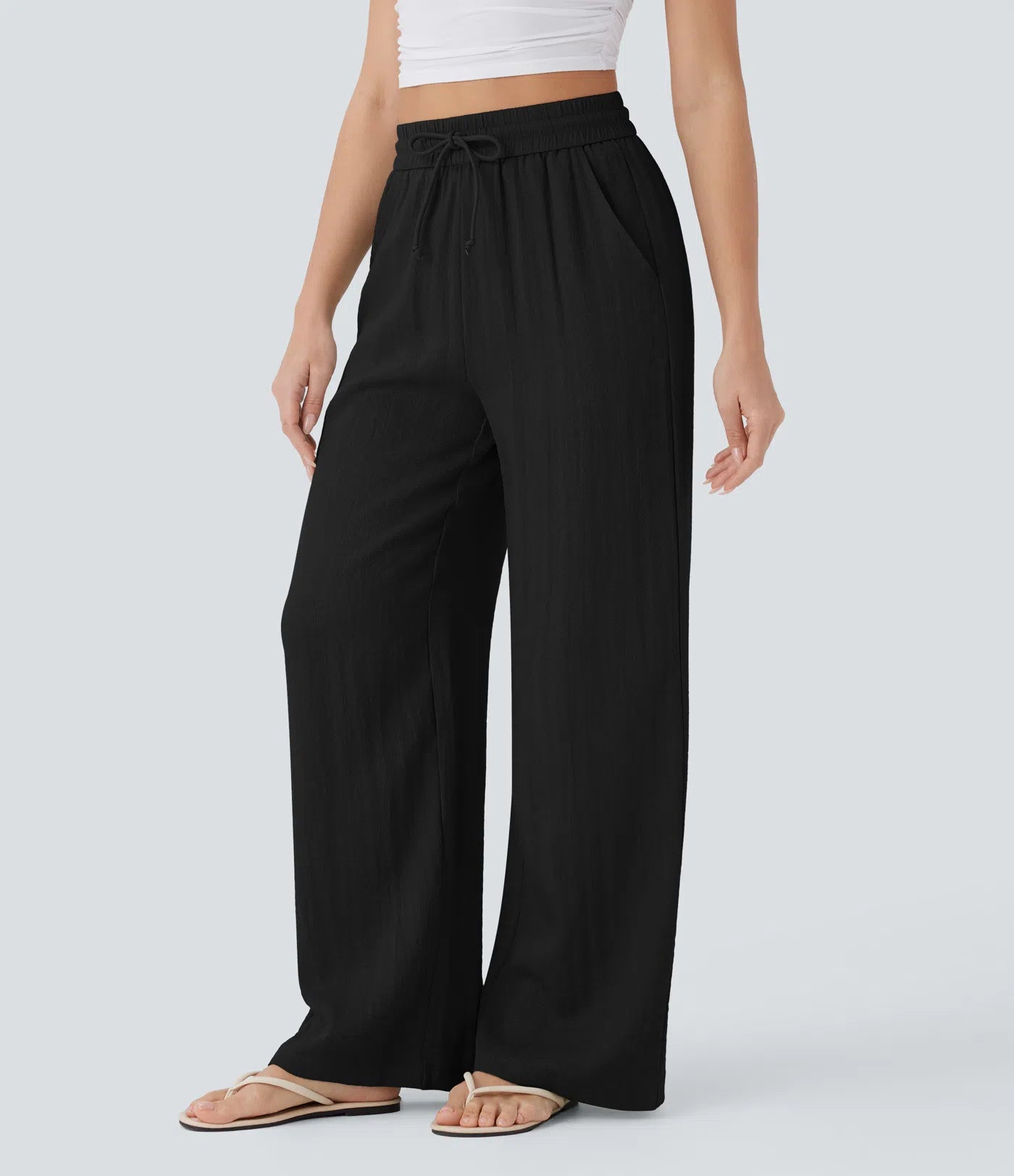 High Waisted Drawstring Pocket Wide Leg Casual Linen-Feel Trousers-15
