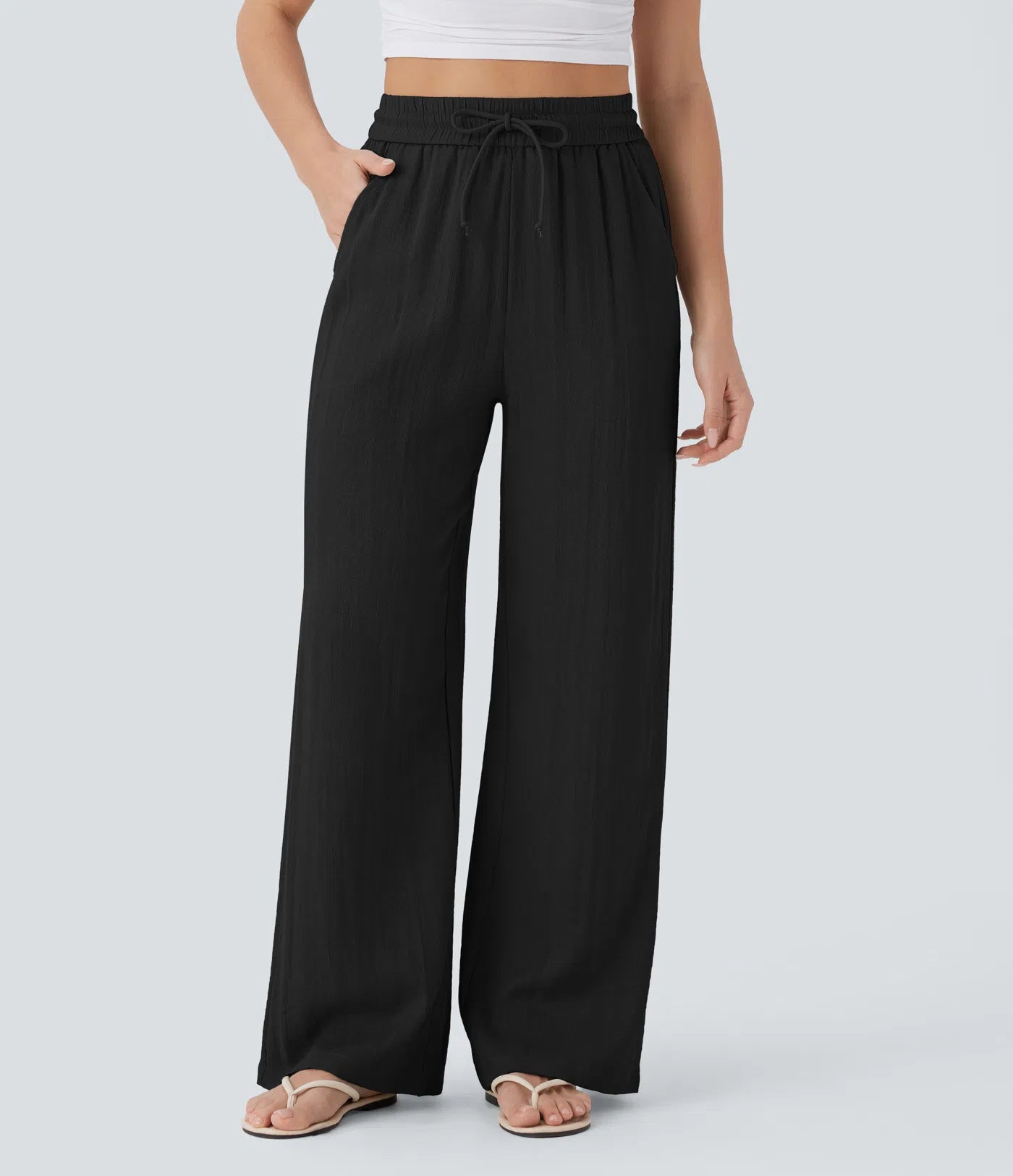 High Waisted Drawstring Pocket Wide Leg Casual Linen-Feel Trousers-13