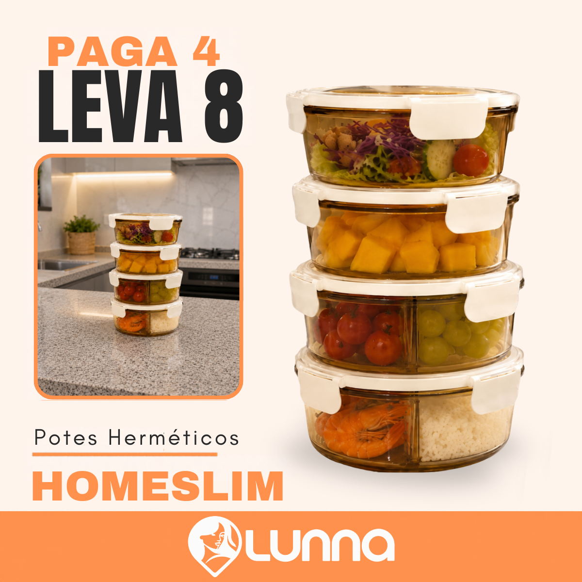 [LEVE 8 PAGUE 4] Potes Herméticos de Vidro Temperado HomeSlim com Tampa a Vácuo +8 Copos de Vidro Fume