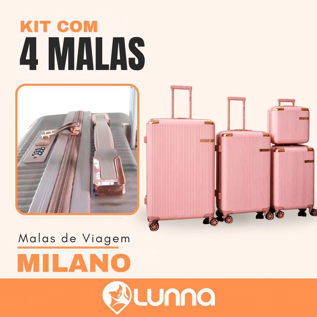 Kit de 4 Malas Milano™ em ABS Reforçado com Giro 360° e Design Antirrisco