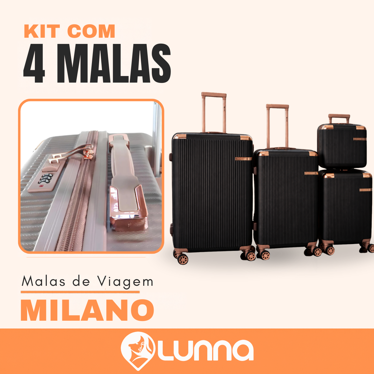 Kit de 4 Malas Milano™ em ABS Reforçado com Giro 360° e Design Antirrisco