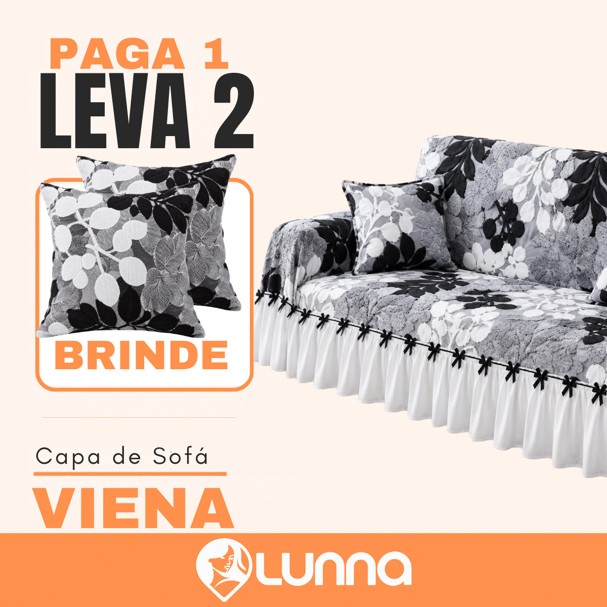 [LEVE 2 PAGUE 1] Capa de Sofá Viena em 100% Algodão e Saias Bordadas + 2 Almofadas Inclusas