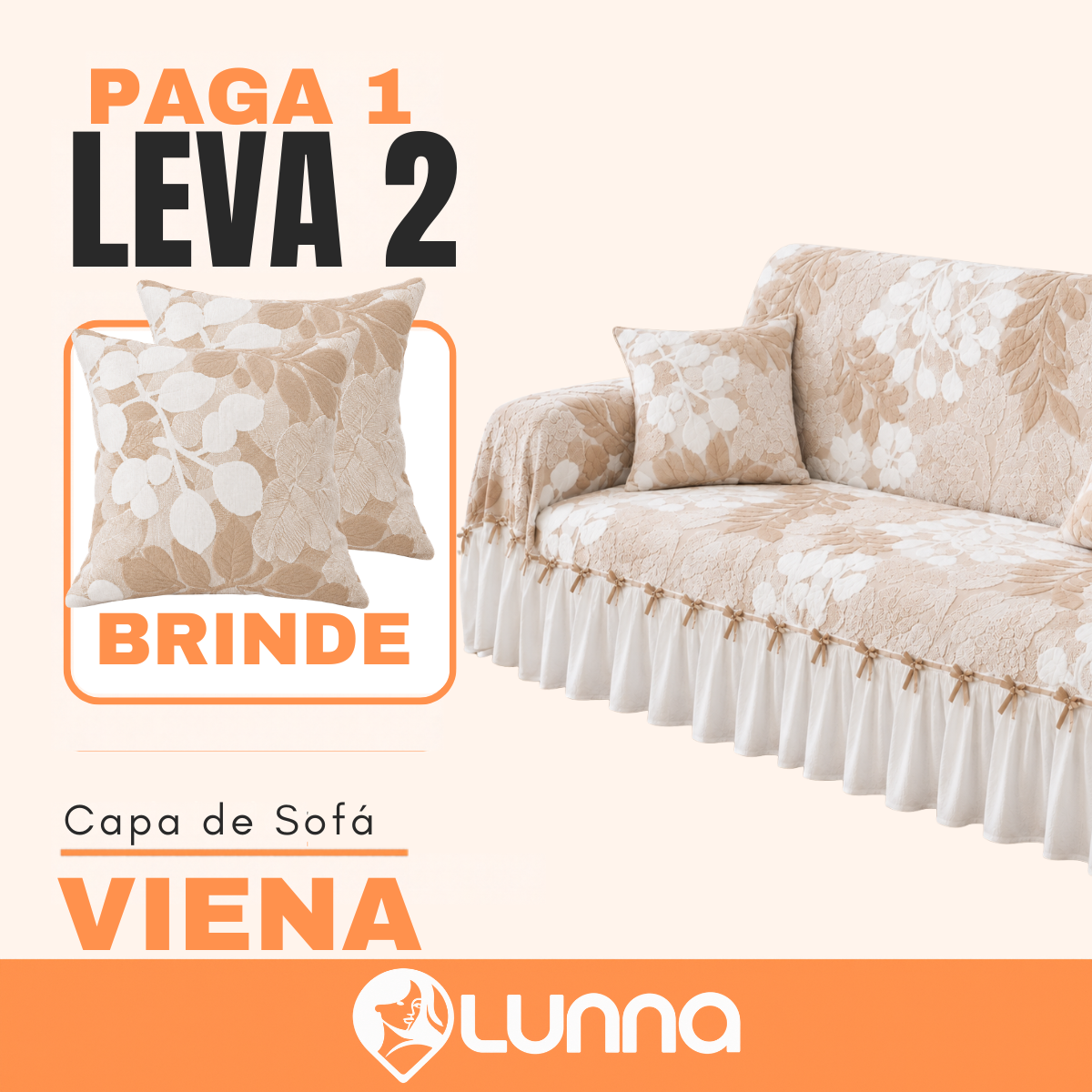 [LEVE 2 PAGUE 1] Capa de Sofá Viena em 100% Algodão e Saias Bordadas + 2 Almofadas Inclusas
