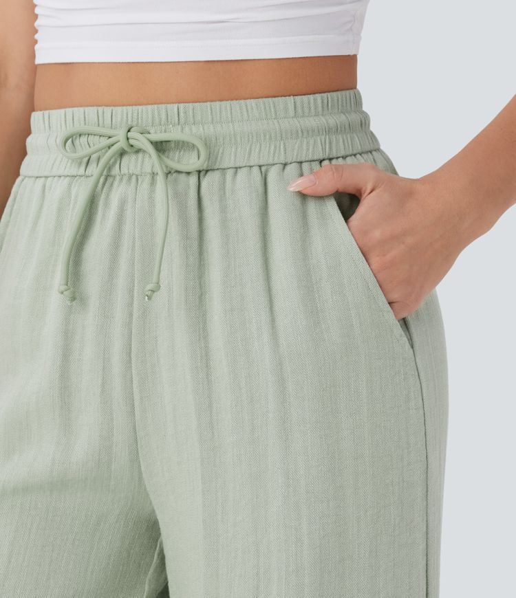 High Waisted Drawstring Pocket Wide Leg Casual Linen-Feel Trousers-5