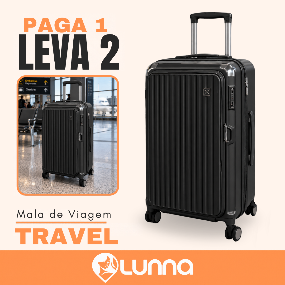 [LEVE 2 PAGUE 1] Mala de Viagem Travel em ABS com Rodinhas 360° Alça Ajustável e Fechamento com Senha