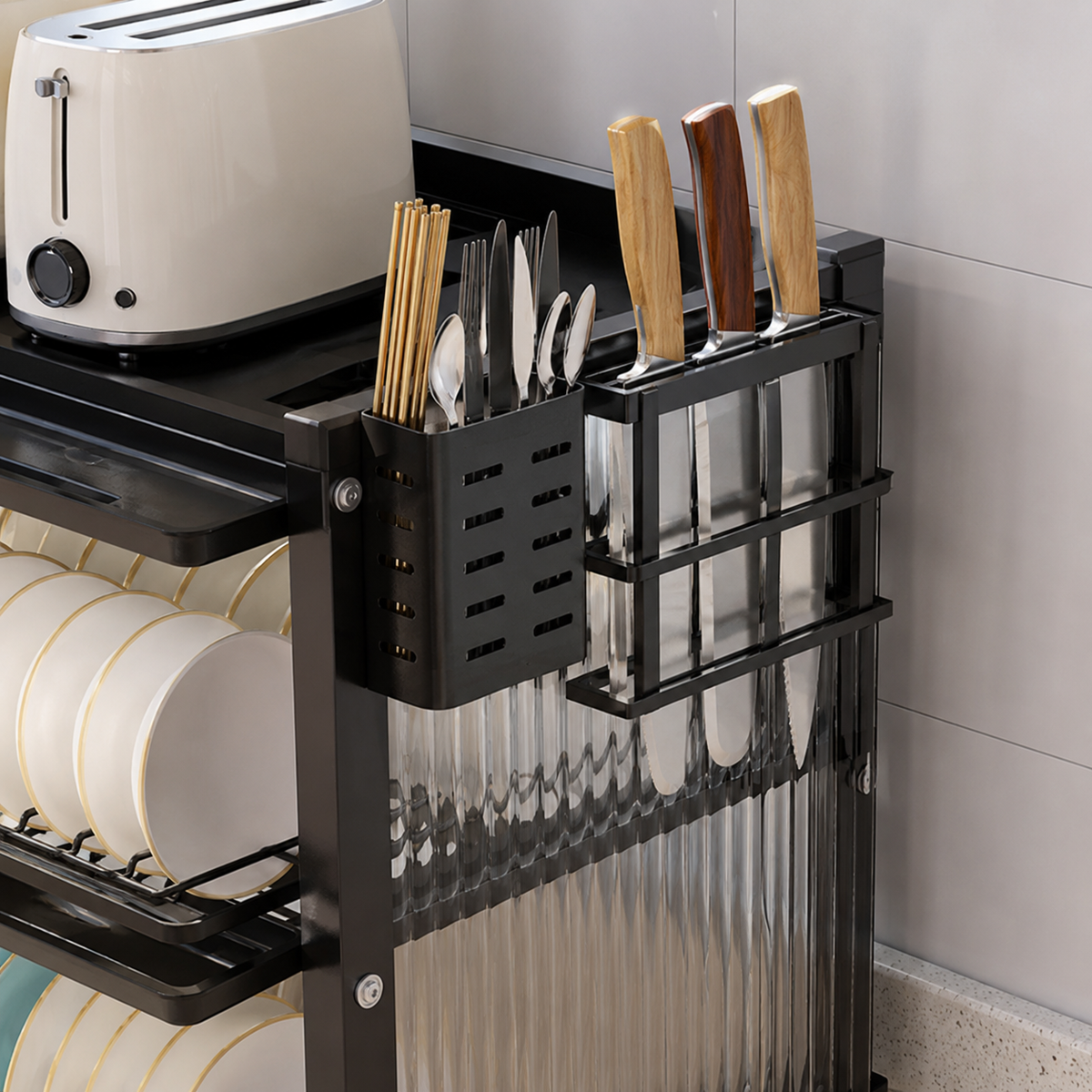 Escorredor de Pratos Inteligente de 3 Níveis em, Aço Inox + BRINDE Kit Utensílios de Cozinha