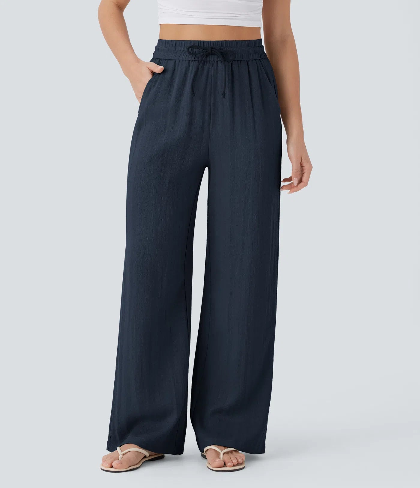High Waisted Drawstring Pocket Wide Leg Casual Linen-Feel Trousers-16