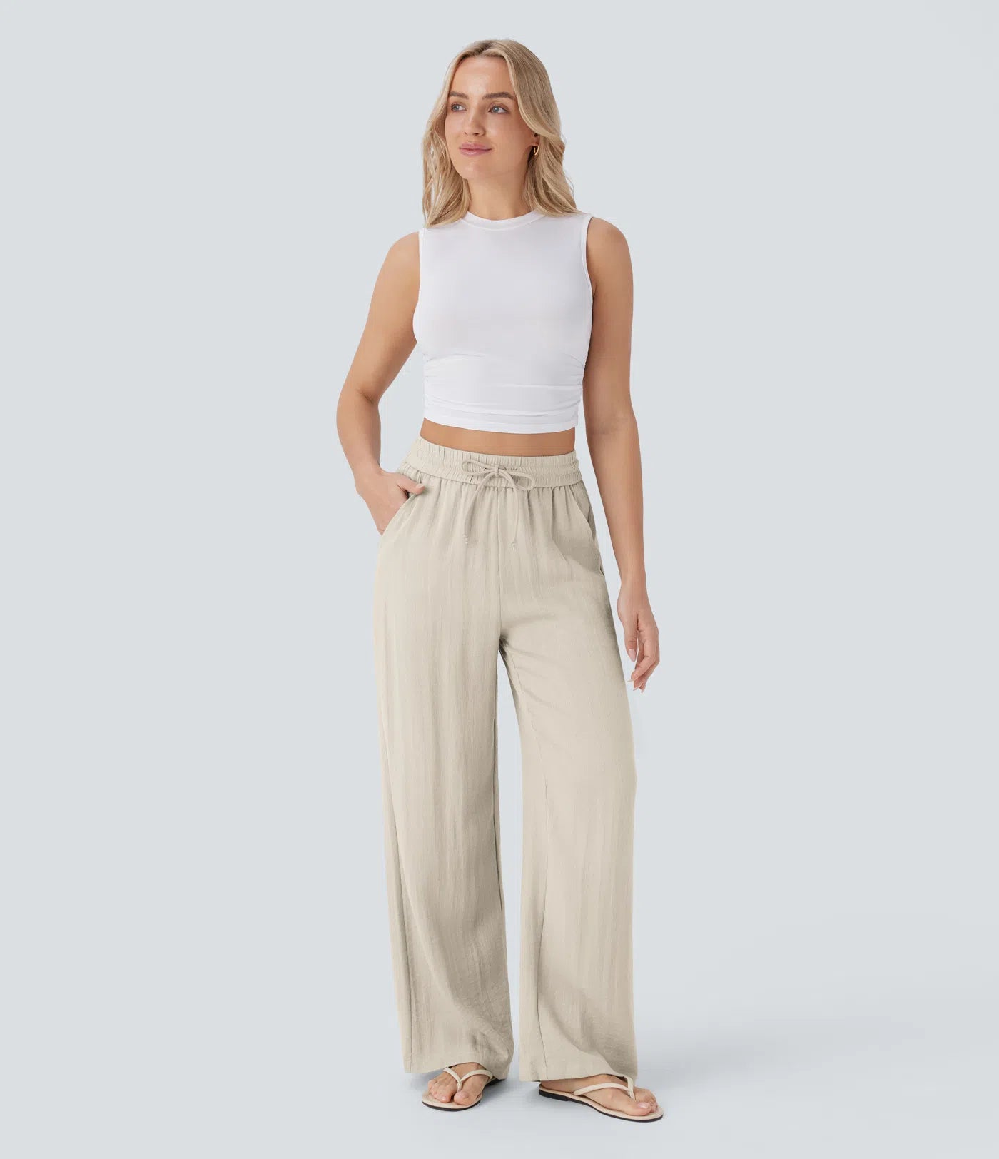 High Waisted Drawstring Pocket Wide Leg Casual Linen-Feel Trousers-11