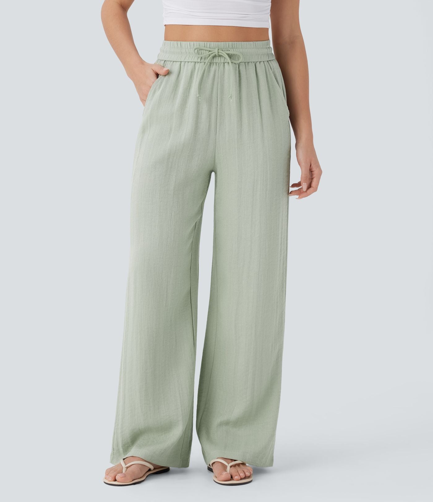 High Waisted Drawstring Pocket Wide Leg Casual Linen-Feel Trousers-6