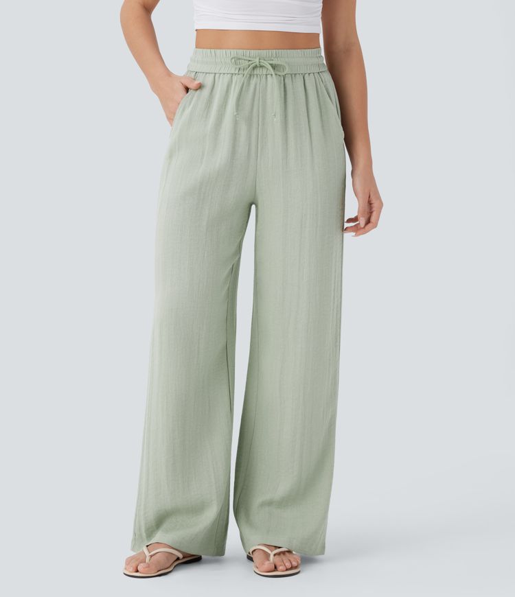High Waisted Drawstring Pocket Wide Leg Casual Linen-Feel Trousers-2