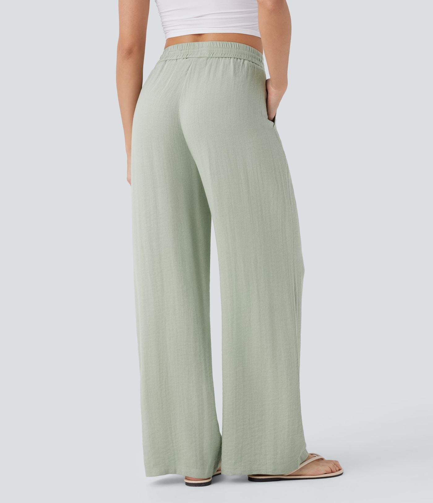 High Waisted Drawstring Pocket Wide Leg Casual Linen-Feel Trousers-7