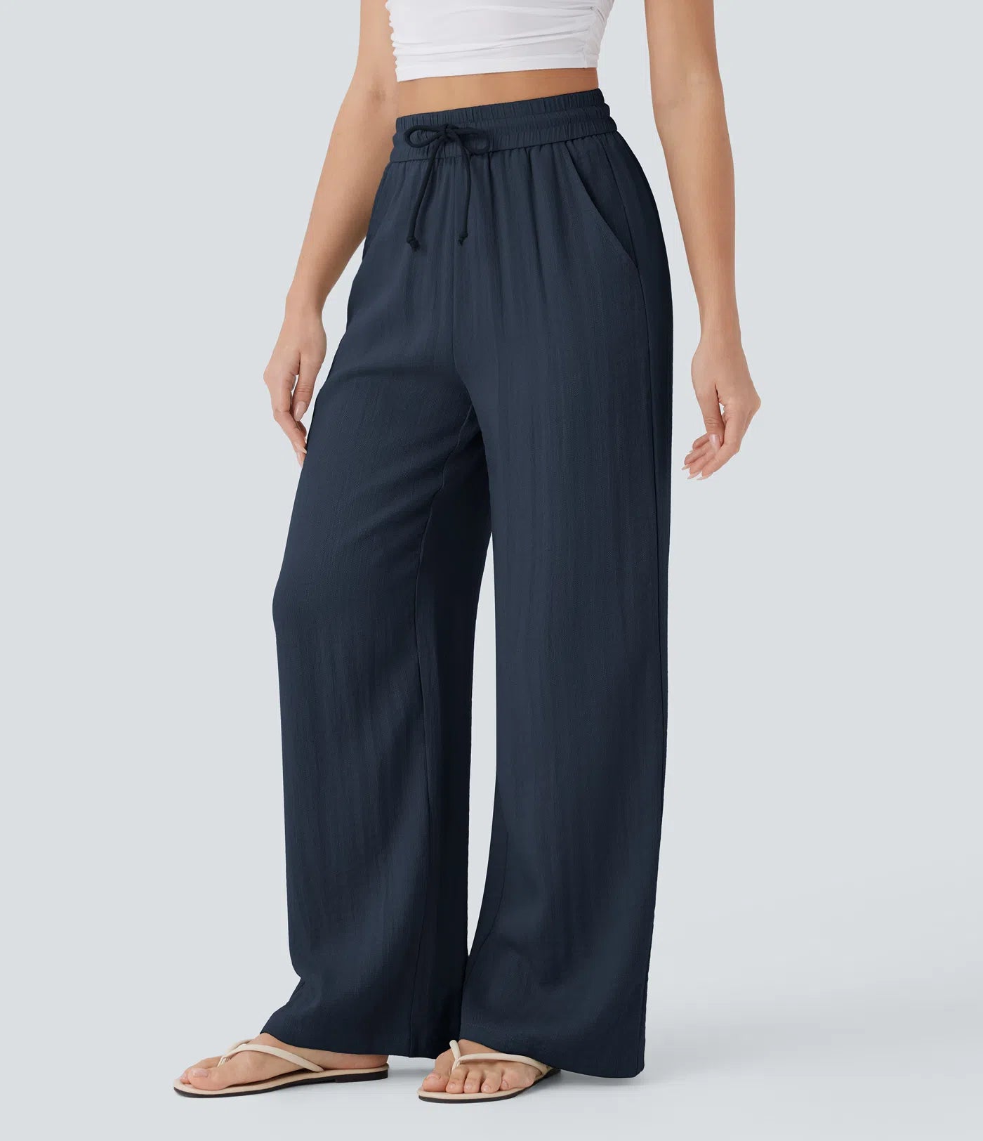 High Waisted Drawstring Pocket Wide Leg Casual Linen-Feel Trousers-18