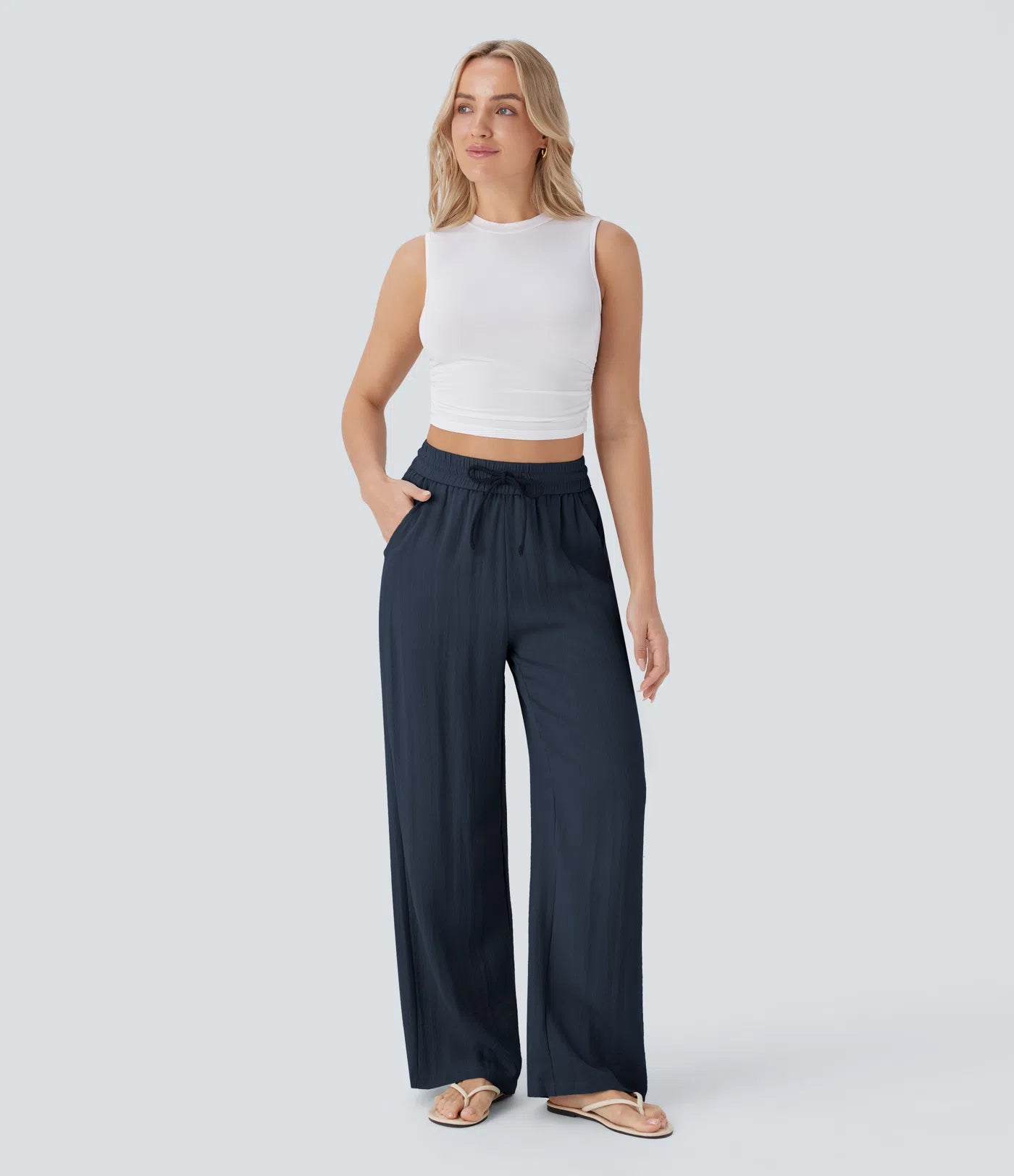High Waisted Drawstring Pocket Wide Leg Casual Linen-Feel Trousers-17