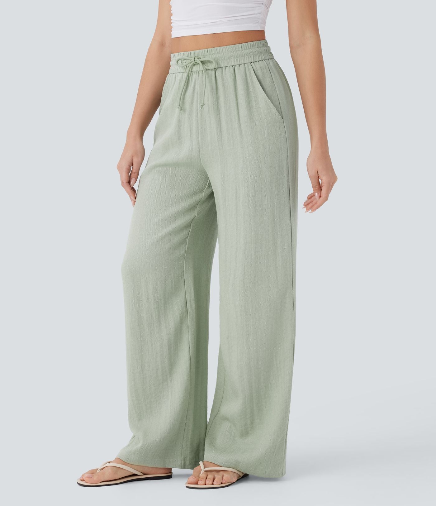 High Waisted Drawstring Pocket Wide Leg Casual Linen-Feel Trousers-8