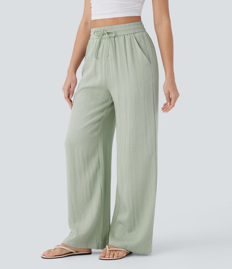 High Waisted Drawstring Pocket Wide Leg Casual Linen-Feel Trousers-4