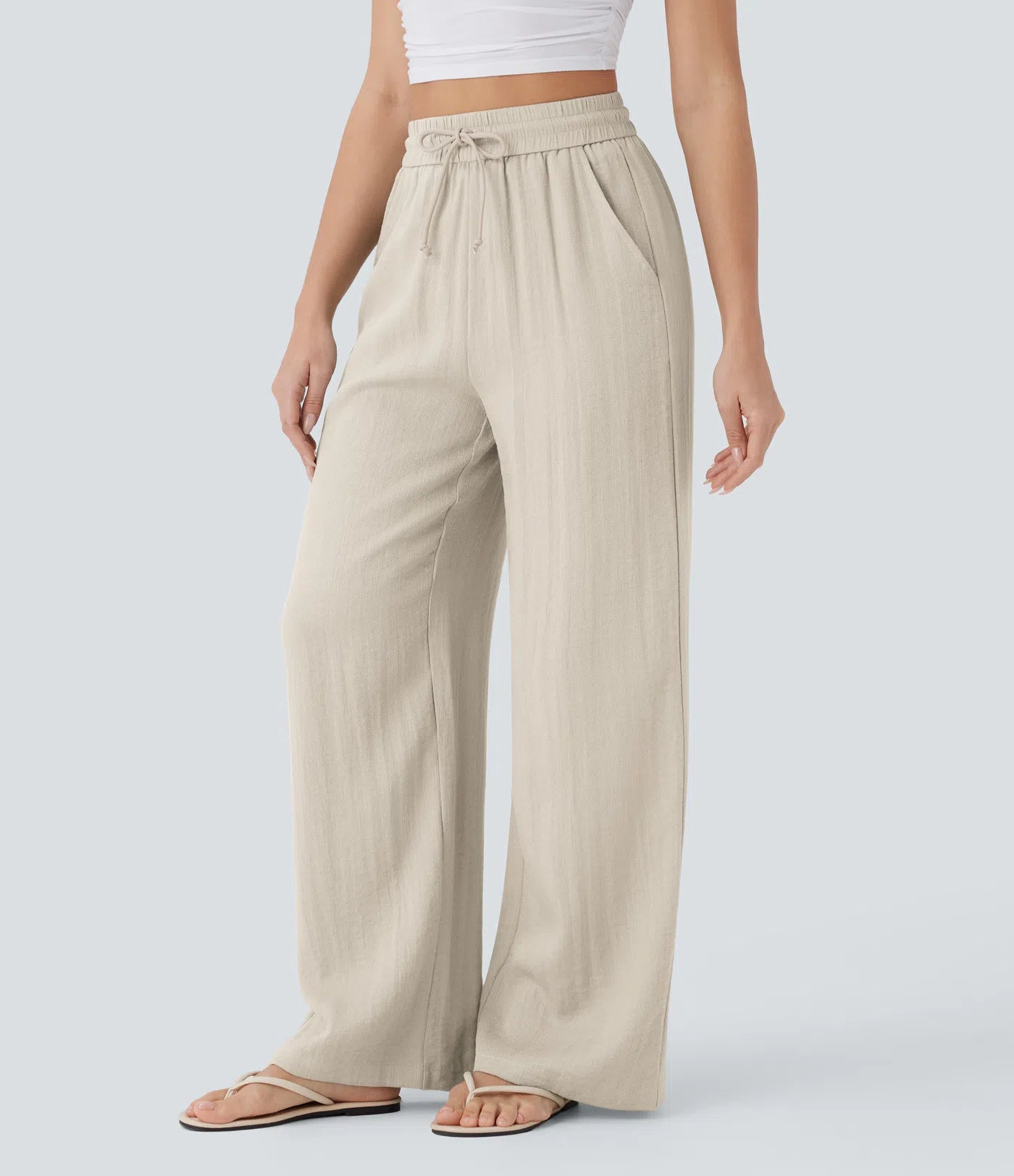 High Waisted Drawstring Pocket Wide Leg Casual Linen-Feel Trousers-12