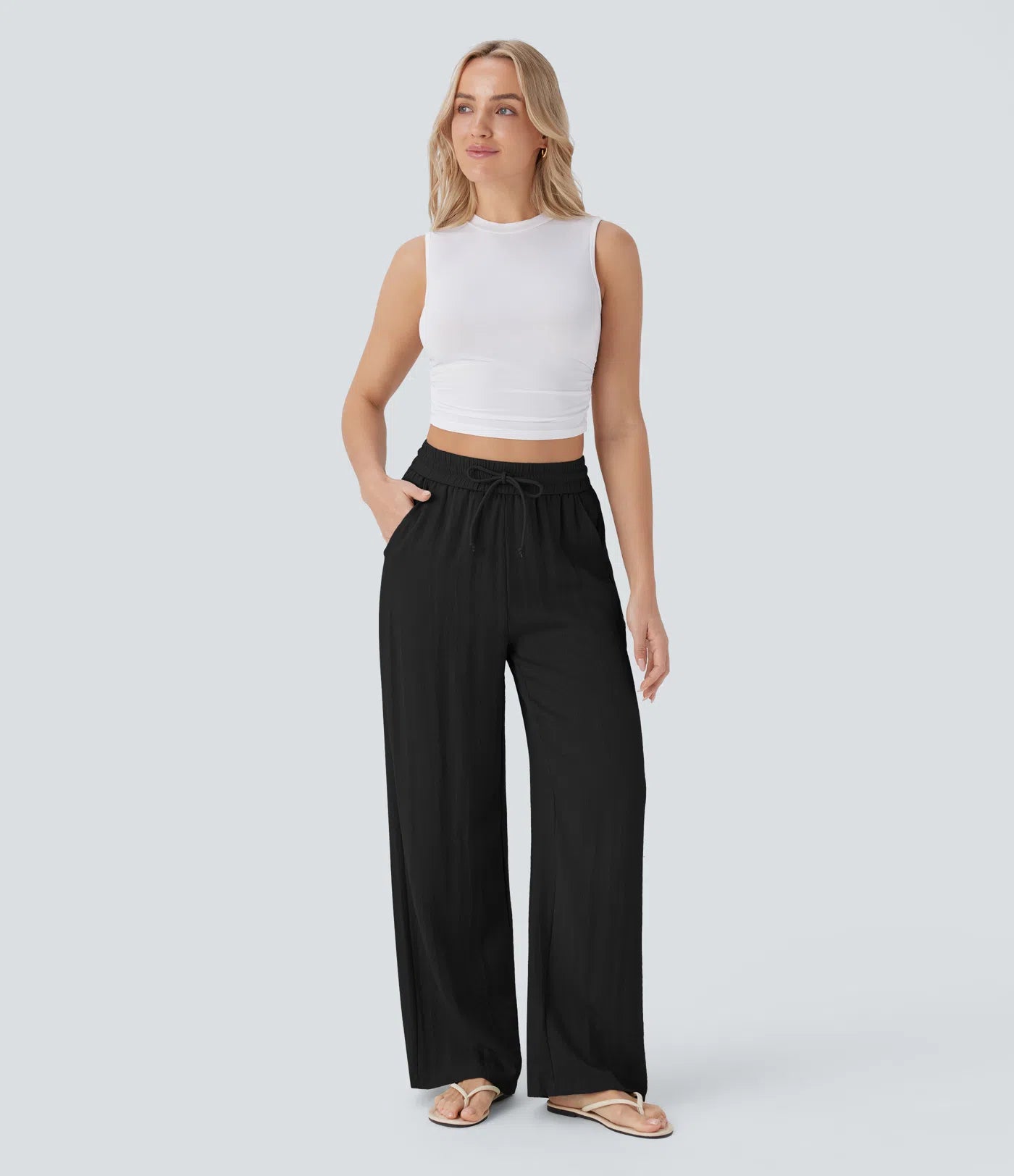 High Waisted Drawstring Pocket Wide Leg Casual Linen-Feel Trousers-14