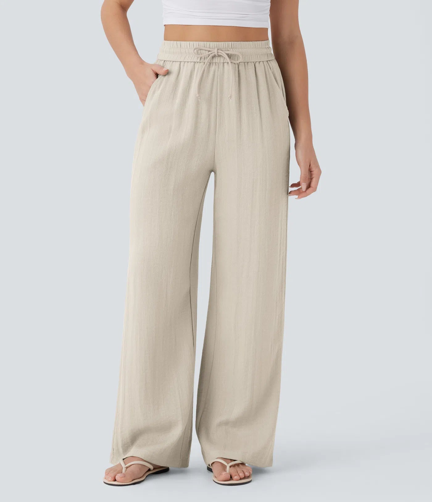 High Waisted Drawstring Pocket Wide Leg Casual Linen-Feel Trousers-10