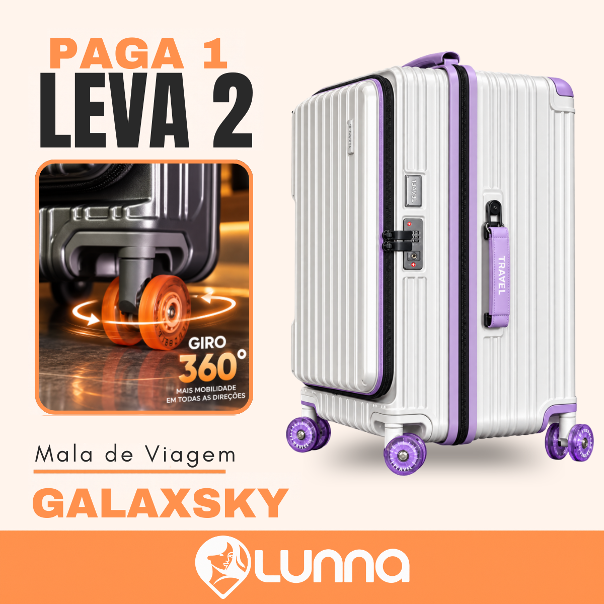 [LEVE 2 PAGUE 1] Mala de Viagem GalaxSky em ABS com Rodinhas 360° Alça Ajustável e Fechamento com Senha