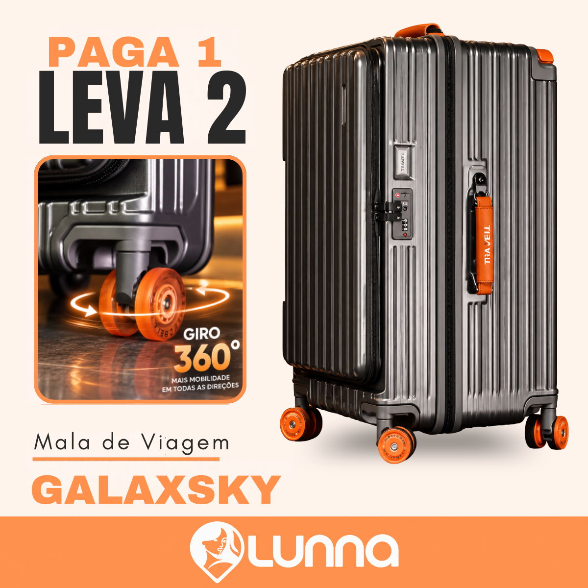 [LEVE 2 PAGUE 1] Mala de Viagem GalaxSky em ABS com Rodinhas 360° Alça Ajustável e Fechamento com Senha