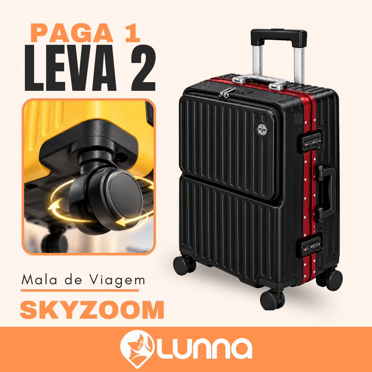 [LEVE 2 PAGUE 1] Mala de Viagem SkyZoom em ABS com Rodinhas 360° Alça Ajustável e Fechamento com Senha