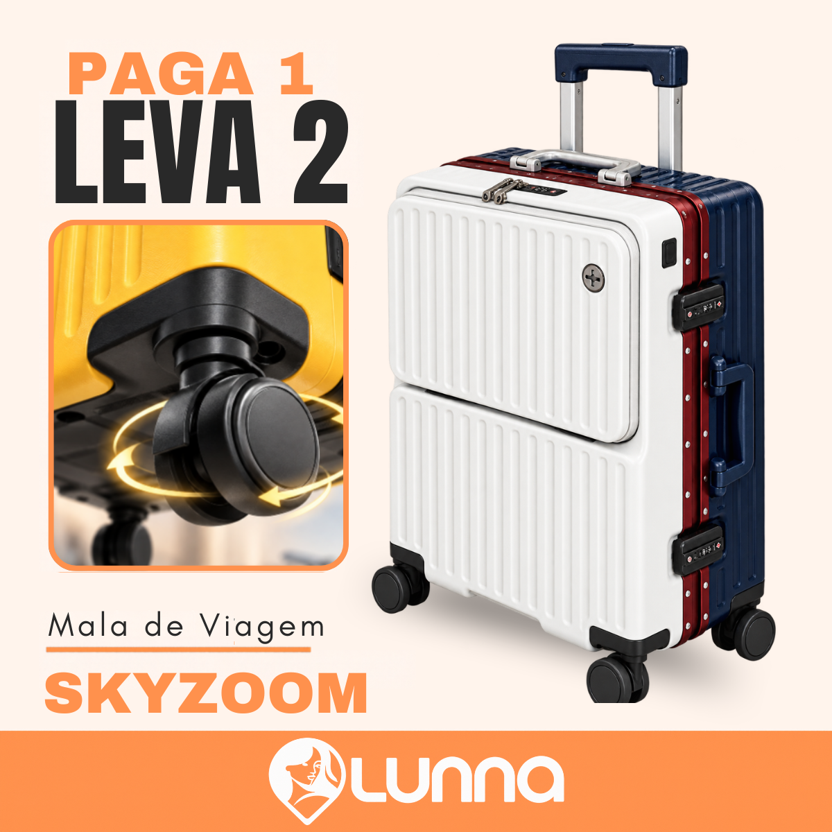 [LEVE 2 PAGUE 1] Mala de Viagem SkyZoom em ABS com Rodinhas 360° Alça Ajustável e Fechamento com Senha