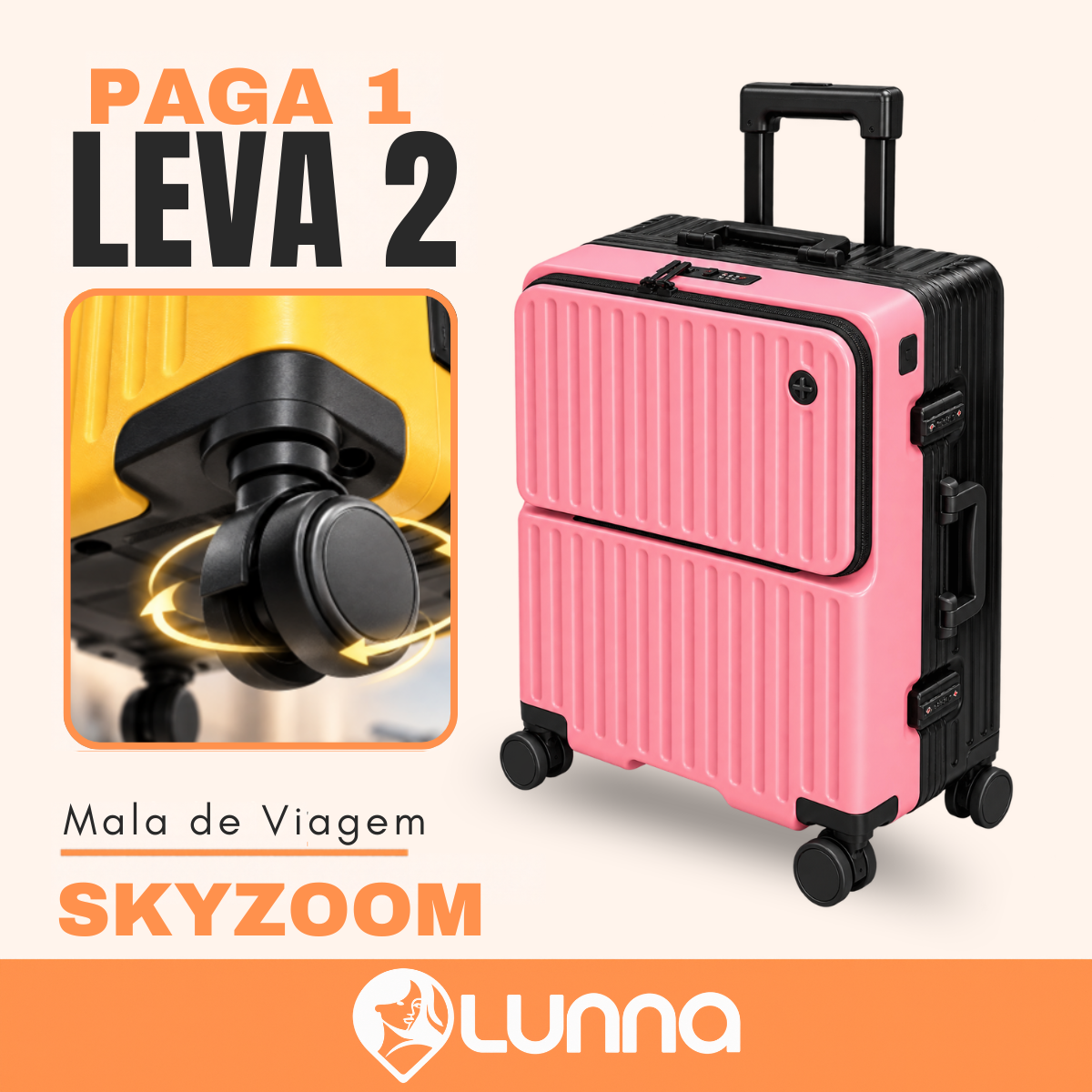 [LEVE 2 PAGUE 1] Mala de Viagem SkyZoom em ABS com Rodinhas 360° Alça Ajustável e Fechamento com Senha