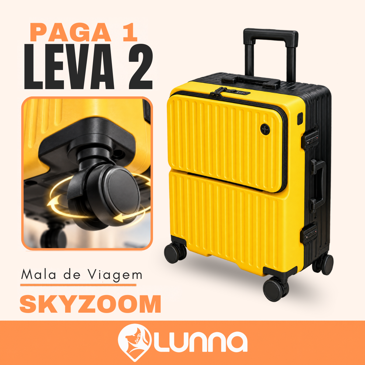 [LEVE 2 PAGUE 1] Mala de Viagem SkyZoom em ABS com Rodinhas 360° Alça Ajustável e Fechamento com Senha