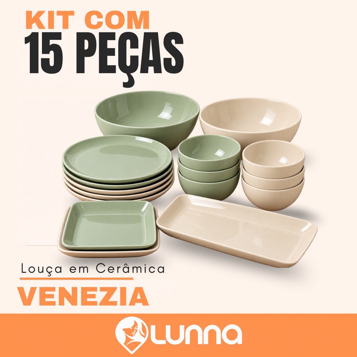 Conjunto de 15 Peças de Louça em Cerâmica Venezia (Elegância Completa par sua Casa!) +BRINDES: 5  Mini Tigelas Extras