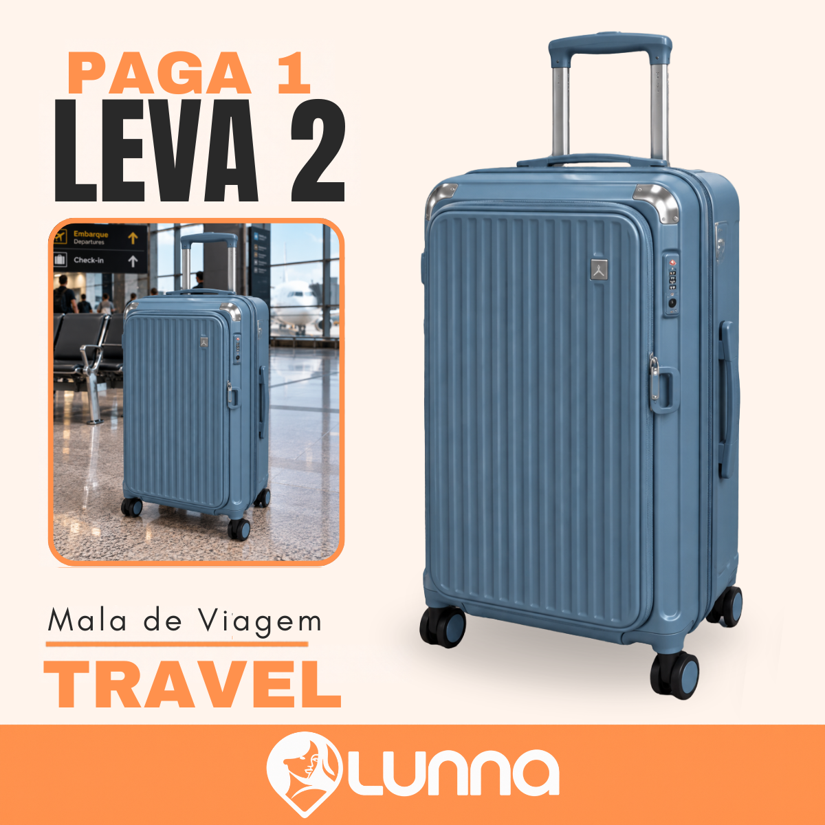 [LEVE 2 PAGUE 1] Mala de Viagem Travel em ABS com Rodinhas 360° Alça Ajustável e Fechamento com Senha