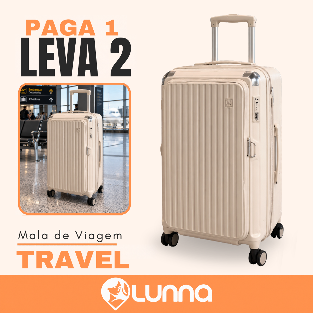 [LEVE 2 PAGUE 1] Mala de Viagem Travel em ABS com Rodinhas 360° Alça Ajustável e Fechamento com Senha