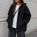 Casaco Feminino Oversize com Capuz e Zíper - Bolsos Duplos, Streetwear Solto e Quente para Inverno
