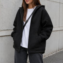 Casaco Feminino Oversize com Capuz e Zíper - Bolsos Duplos, Streetwear Solto e Quente para Inverno
