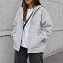 Casaco Feminino Oversize com Capuz e Zíper - Bolsos Duplos, Streetwear Solto e Quente para Inverno