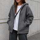 Casaco Feminino Oversize com Capuz e Zíper - Bolsos Duplos, Streetwear Solto e Quente para Inverno