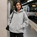 Casaco Feminino Oversize com Capuz e Zíper - Bolsos Duplos, Streetwear Solto e Quente para Inverno