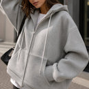 Casaco Feminino Oversize com Capuz e Zíper - Bolsos Duplos, Streetwear Solto e Quente para Inverno