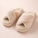 Chinelos Femininos de Pelúcia em Cruz - Slides Antiderrapantes Aberto Macio para Casa no Inverno