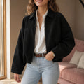Jaqueta Bomber Feminina de Camurça com Zíper - Lapela, Manga Longa e Cortada para Streetwear de Inverno