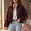 Jaqueta Bomber Feminina de Camurça com Zíper - Lapela, Manga Longa e Cortada para Streetwear de Inverno