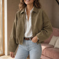 Jaqueta Bomber Feminina de Camurça com Zíper - Lapela, Manga Longa e Cortada para Streetwear de Inverno