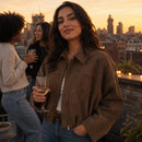 Jaqueta Bomber Feminina de Camurça com Zíper - Lapela, Manga Longa e Cortada para Streetwear de Inverno