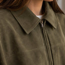 Jaqueta Bomber Feminina de Camurça com Zíper - Lapela, Manga Longa e Cortada para Streetwear de Inverno