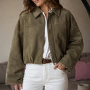 Jaqueta Bomber Feminina de Camurça com Zíper - Lapela, Manga Longa e Cortada para Streetwear de Inverno