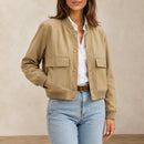 Jaqueta Bomber Feminina com Decote V e Bolsos - Manga Longa, Chique e Versátil para Inverno